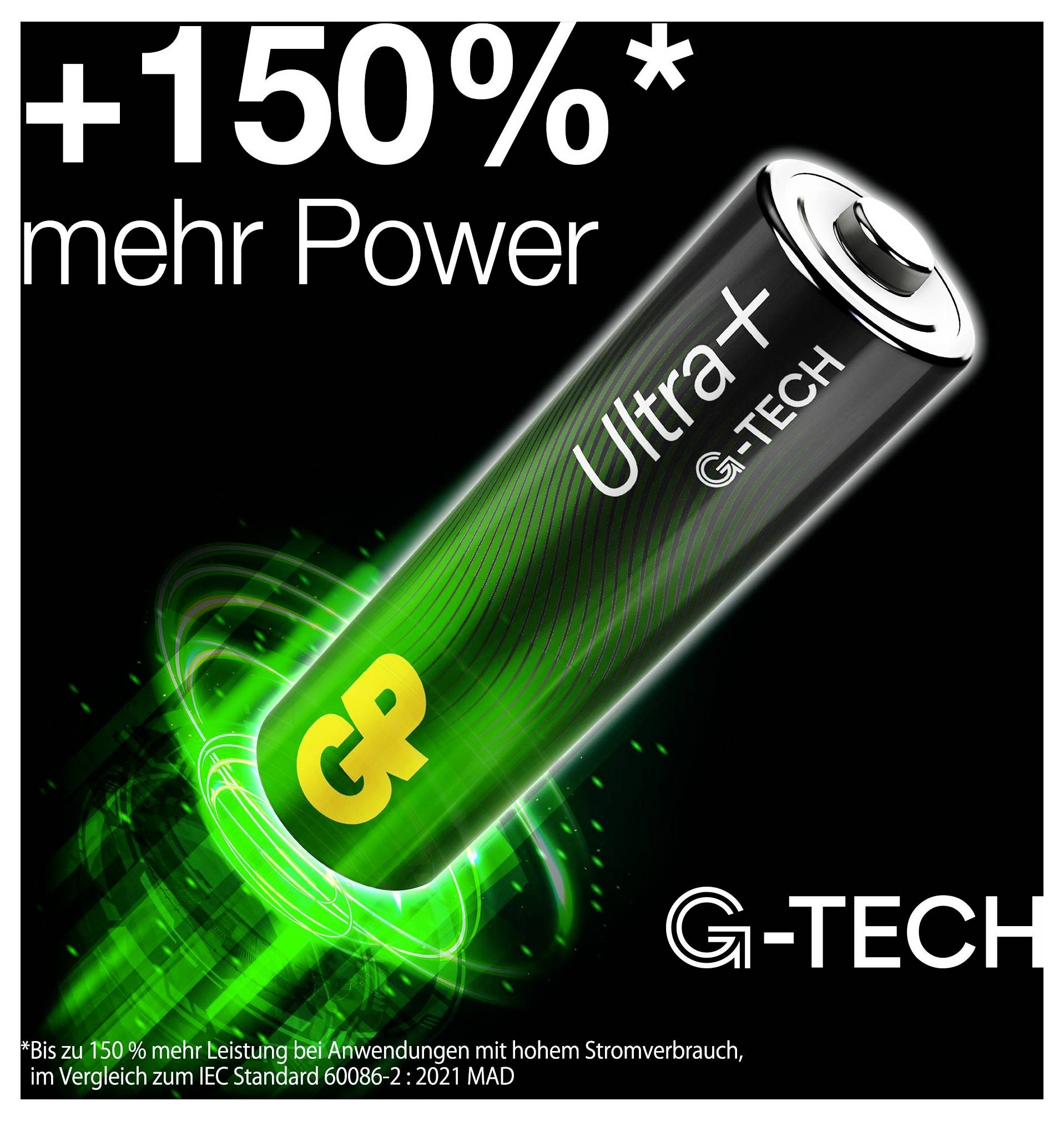 Advertentie voor G-TECH Ultra+ batterij met de claim '+150% meer vermogen', met een glanzende groene batterij op een zwarte achtergrond.