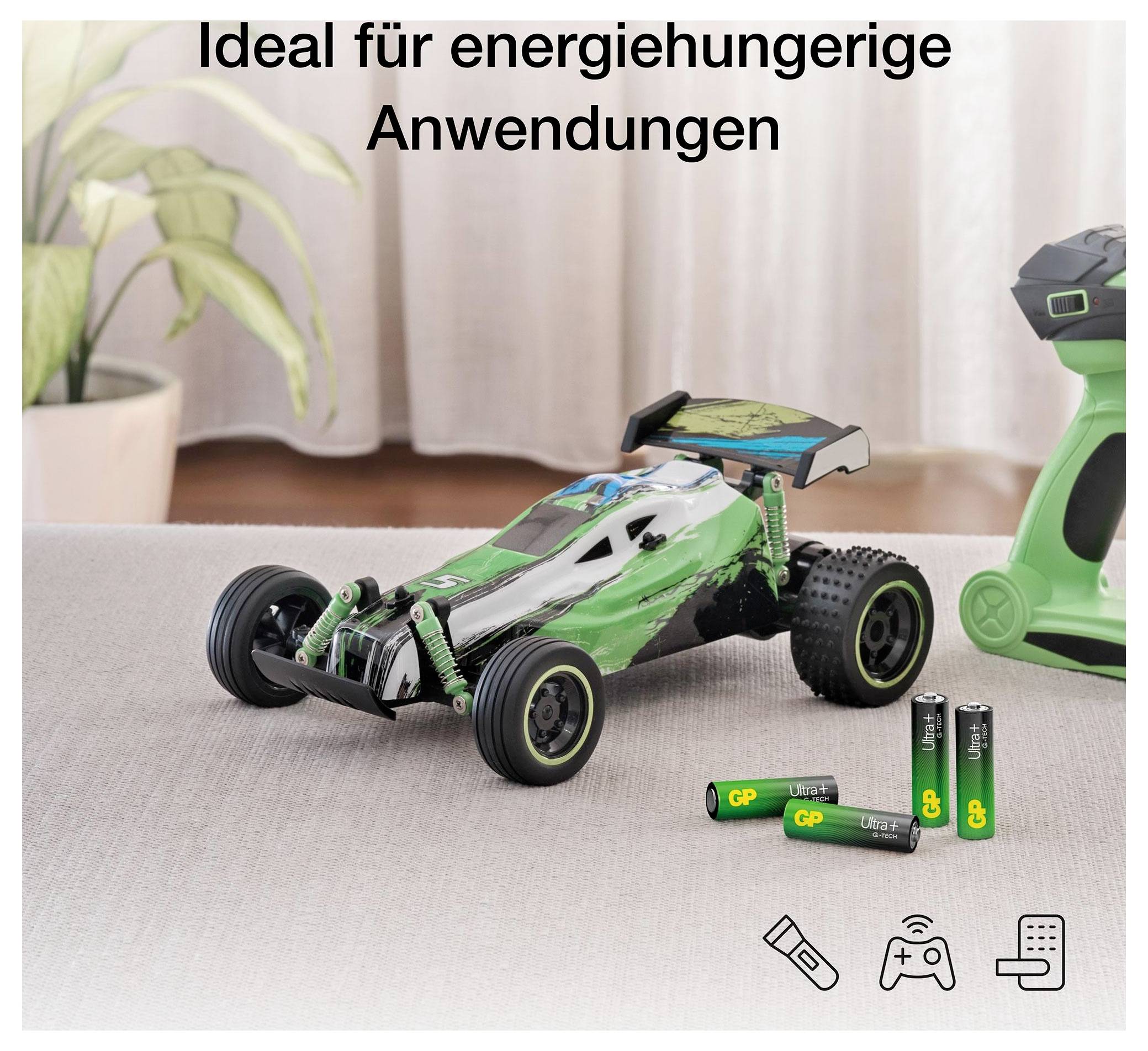 Groene afstandsbediende auto met batterijen op een bank, onder de Duitse tekst 'Ideal für energiehungrige Anwendungen' die energieverbruikende toepassingen aangeeft.