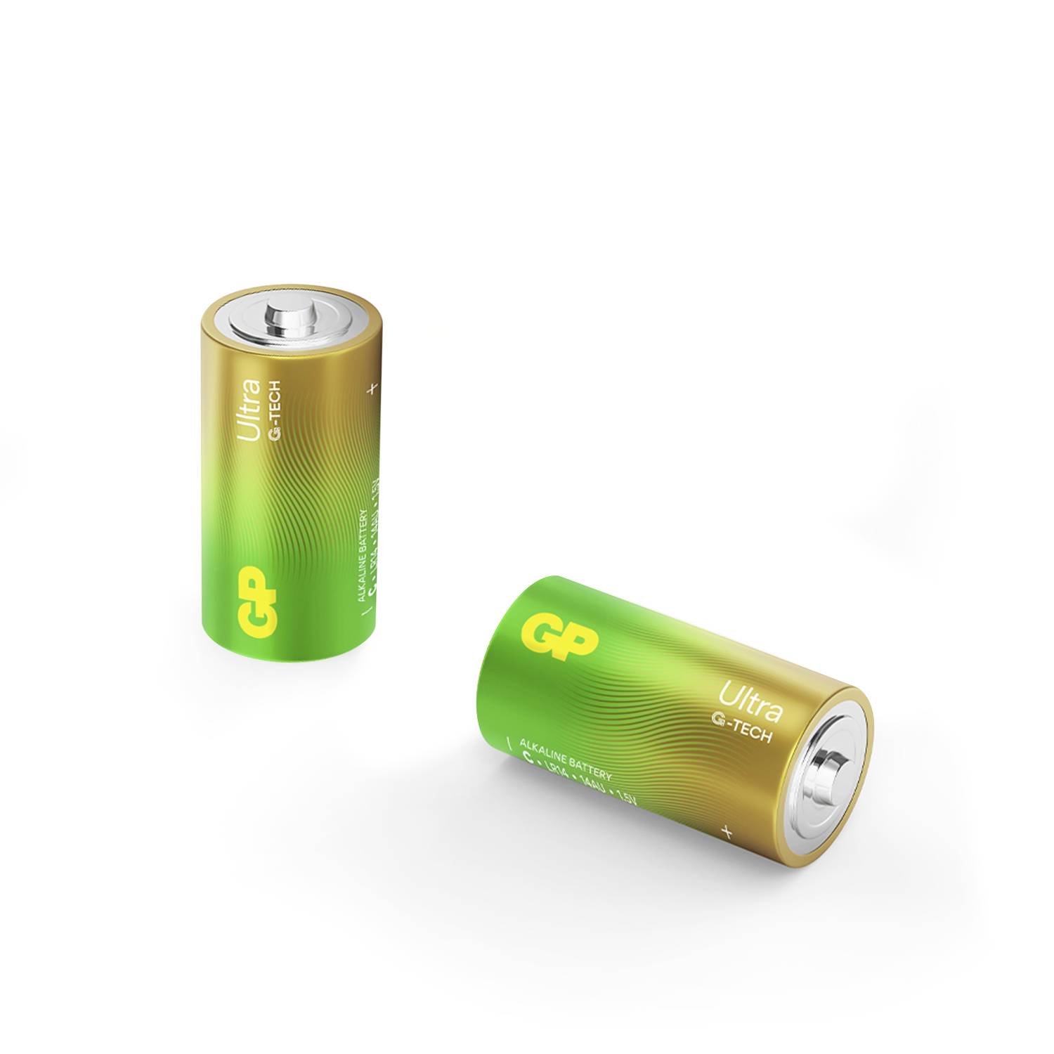 Twee GP Ultra G-TECH batterijen op een witte achtergrond, één rechtop staand en één liggend op zijn kant.