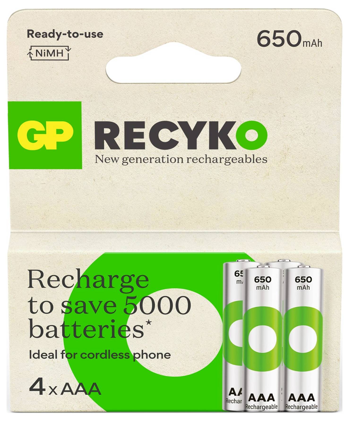Pakket GP ReCyko oplaadbare batterijen, 650 mAh, 4 AAA, met slogan 'Opladen om 5000 batterijen te besparen' voor draadloze telefoons.