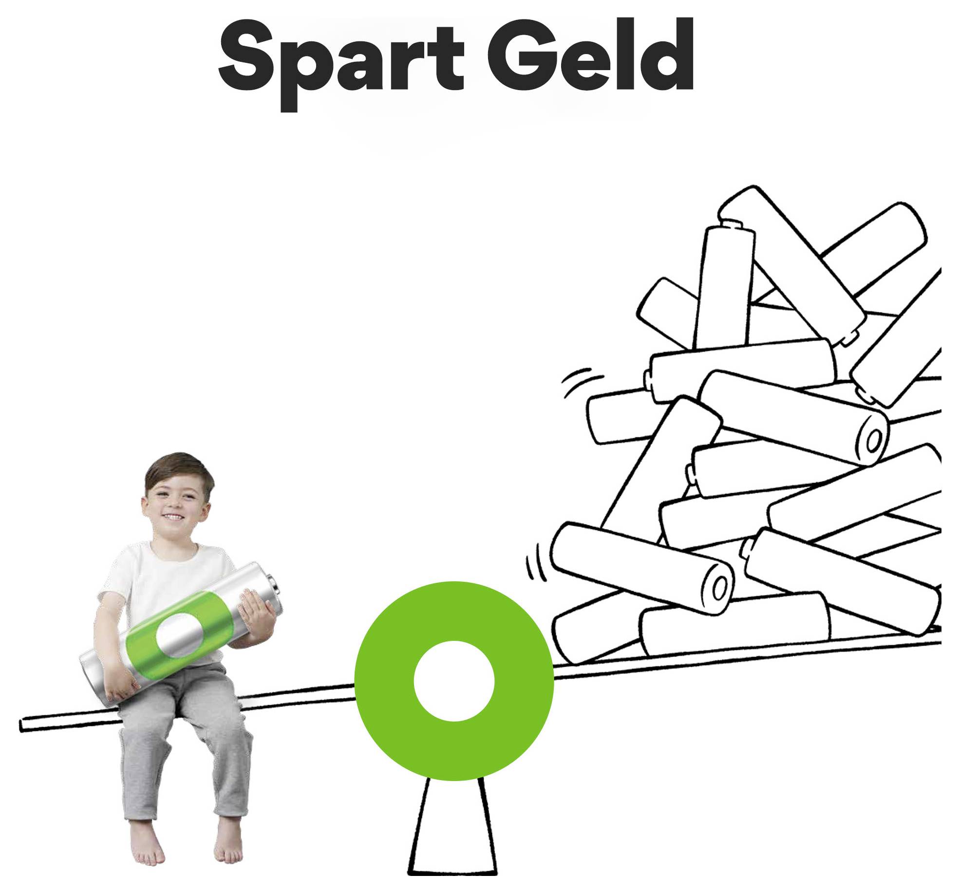 Illustratie met de titel 'Spart Geld' waarin een glimlachend kind op een wip zit die een blikje balanceert tegen een grote stapel blikjes, wat suggereert dat het gaat om sparen of recyclen.