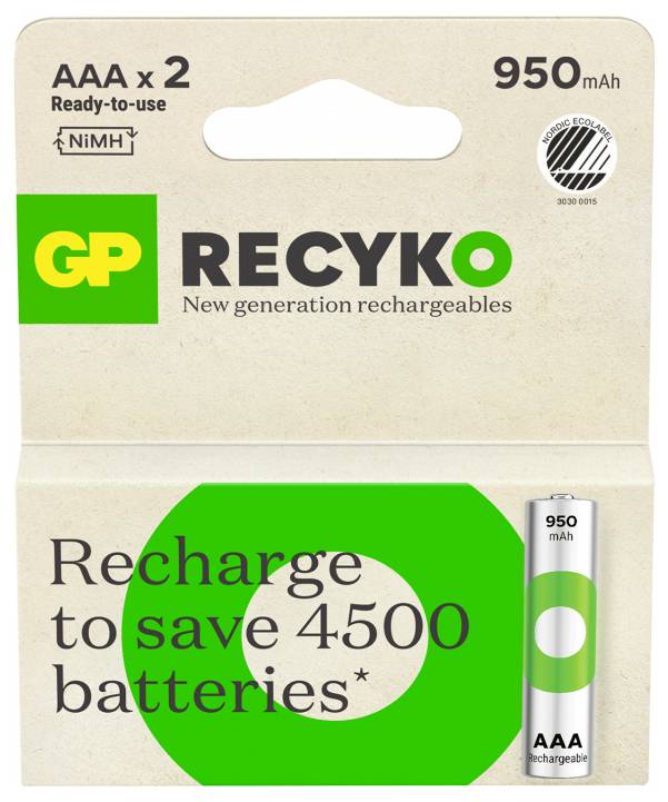 GP ReCyko AAA oplaadbare batterijpakket, 2 kant-en-klare NiMH batterijen, 950 mAh, met slogan 'Opladen om 4500 batterijen te besparen'.