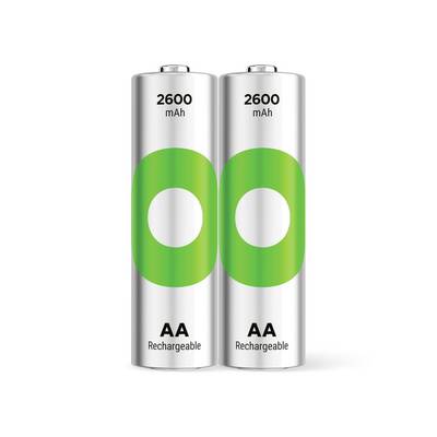 Twee AA oplaadbare batterijen gelabeld '2600 mAh' met groen en zilveren design.