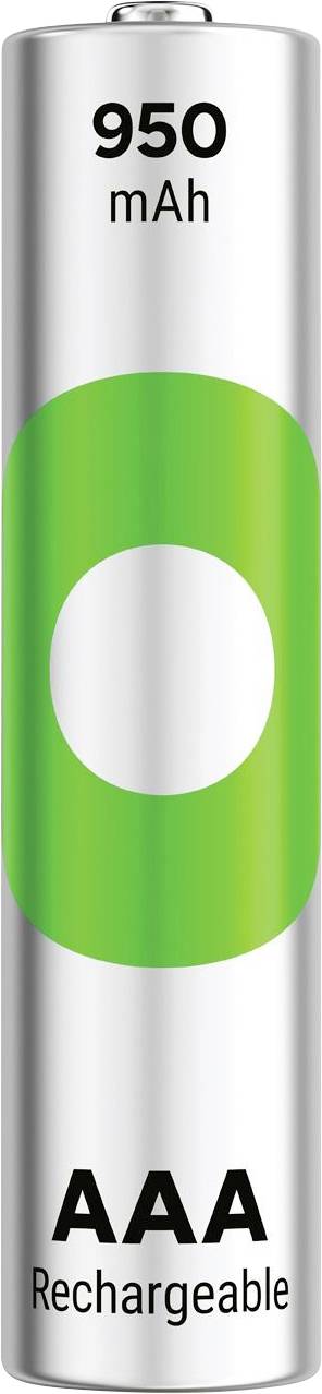 AAA oplaadbare batterij met label 950 mAh, weergegeven rechtopstaand met groen en wit ontwerp.