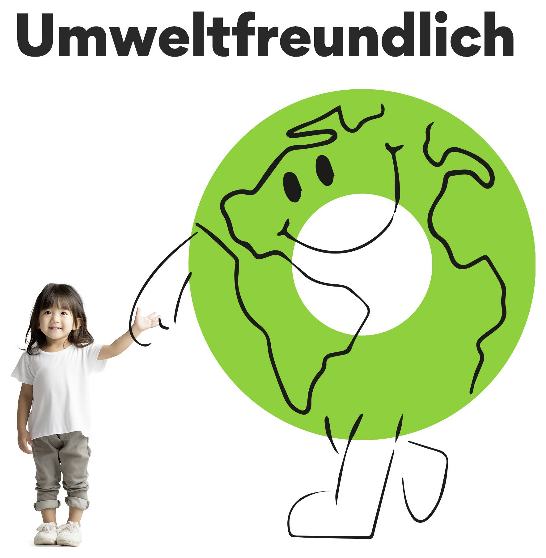 Een kind staat naast een glimlachend groen aardekarakter onder het woord 'Umweltfreundlich' (milieuvriendelijk).