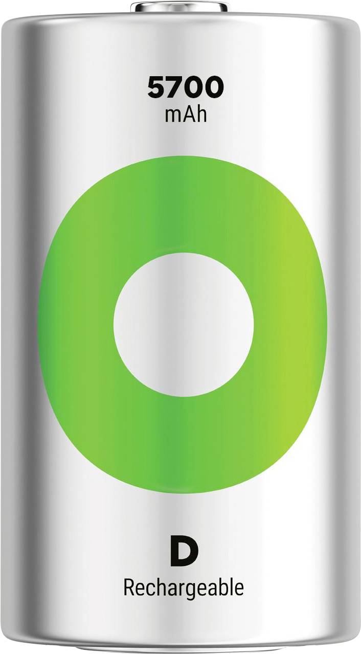 Een oplaadbare D-batterij gelabeld '5700 mAh' met een groen cirkelgrafisch op een zilveren behuizing.