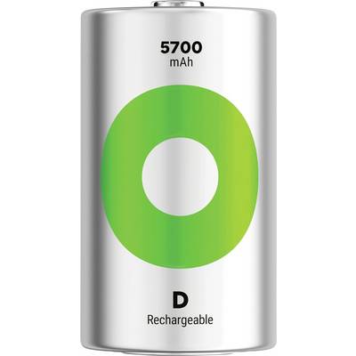 Een oplaadbare D-batterij gelabeld '5700 mAh' met een groen cirkelgrafisch op een zilveren behuizing.