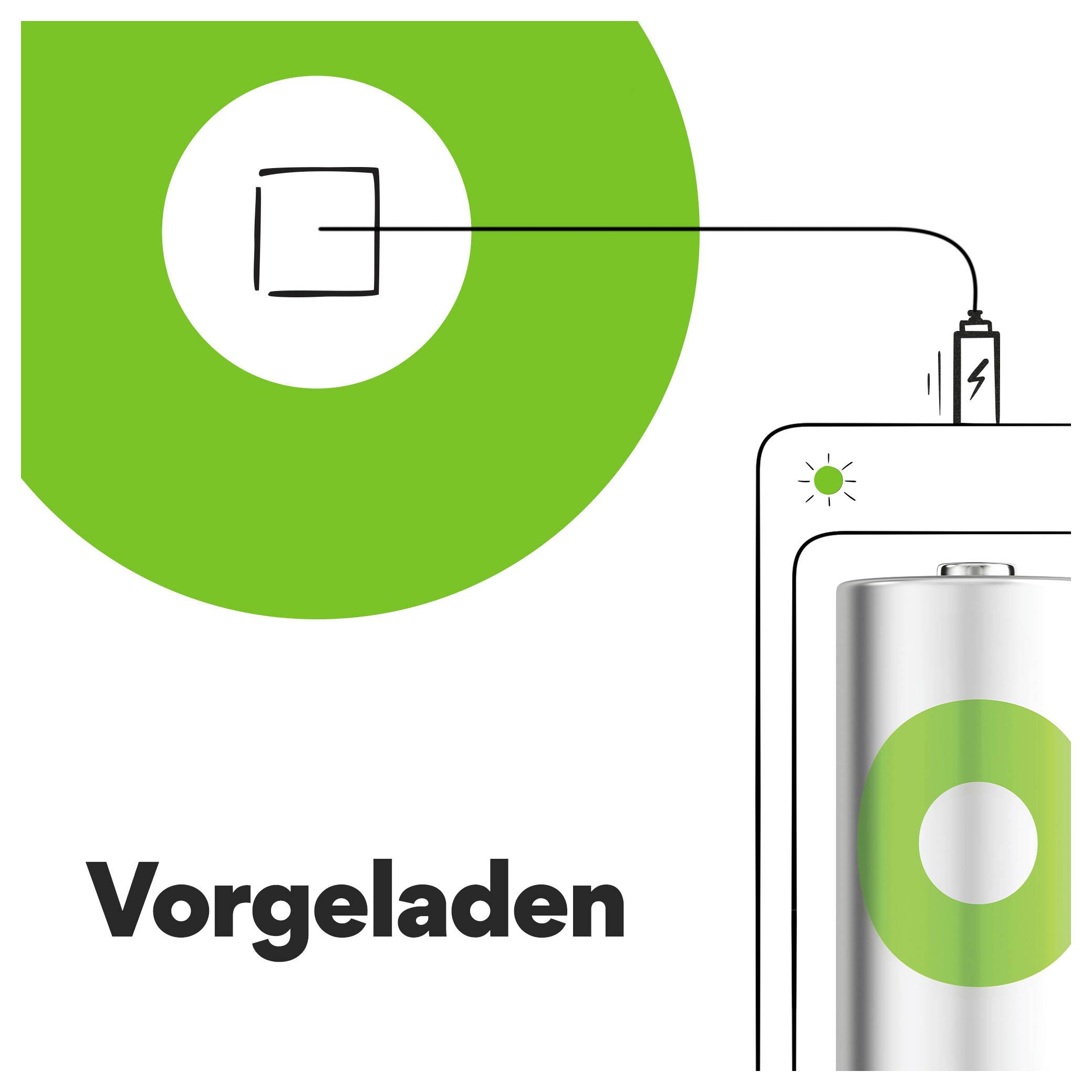 Illustratie van een voorgeladen batterij en verbonden apparaat, met het Nederlandse woord 'Voorgeladen' dat voorgeladen of opgeladen status aangeeft.