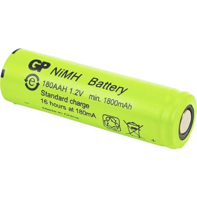 Green GP NiMH oplaadbare batterij met label '180AAH 1.2V' en 'Standaard laden 16 uur bij 180mA'.