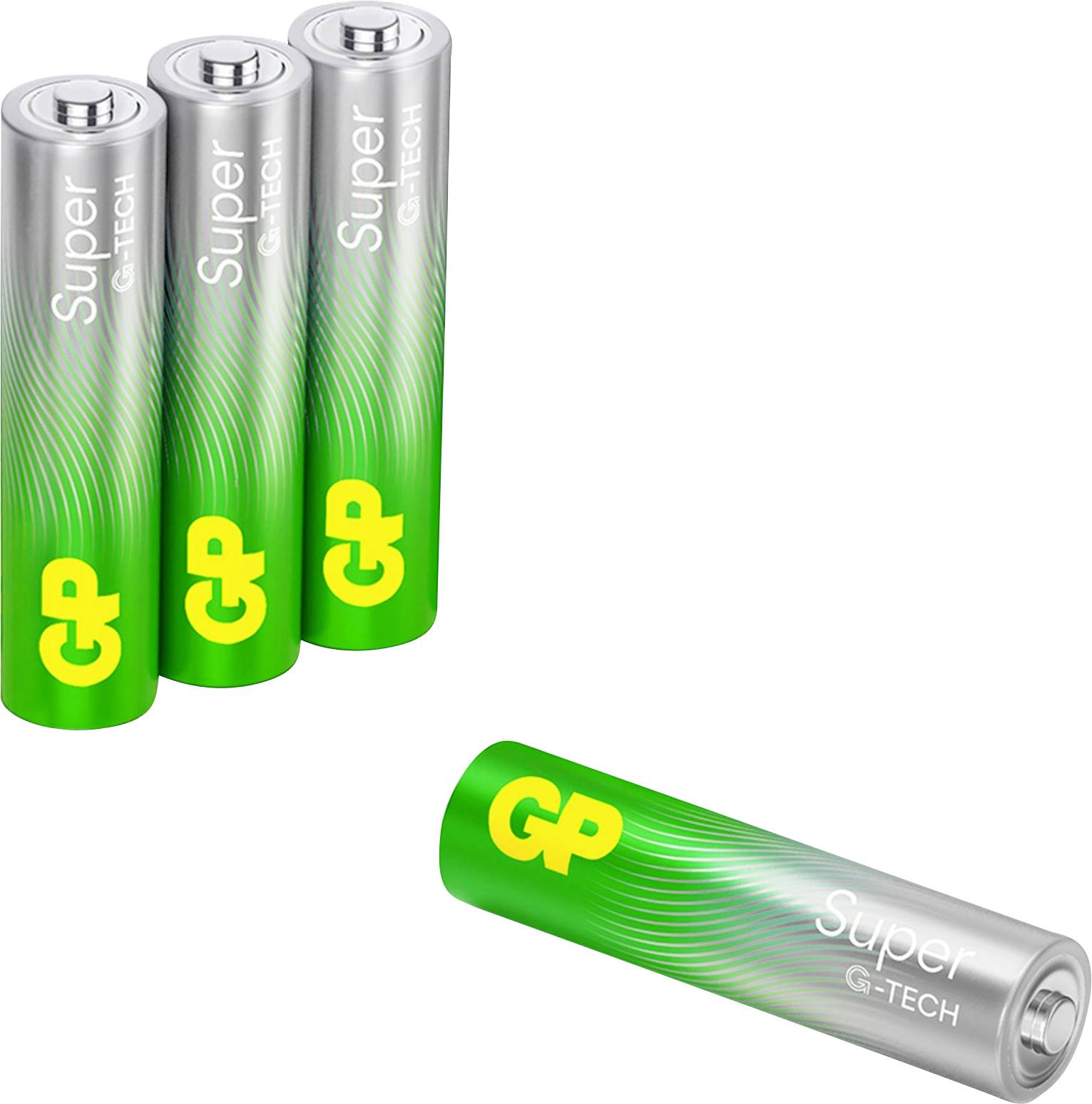 Vier GP Super G-Tech batterijen, met drie rechtopstaand en één liggend op een witte achtergrond.