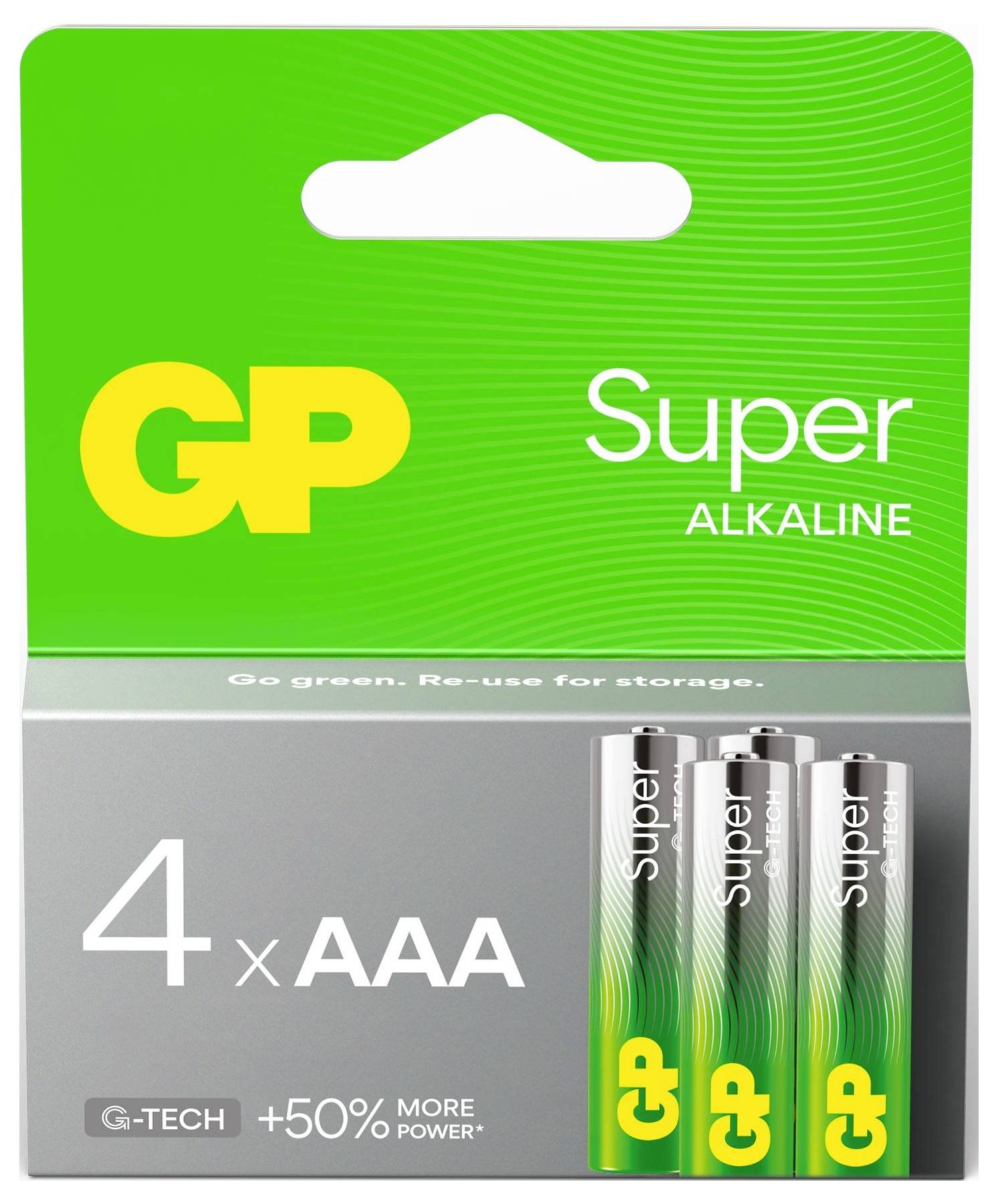 GP Super Alkaline batterijpakket voor 4 AAA-batterijen, met drie batterijen zichtbaar op de voorkant en de tekst 'Go green. Hergebruiken voor opslag.'