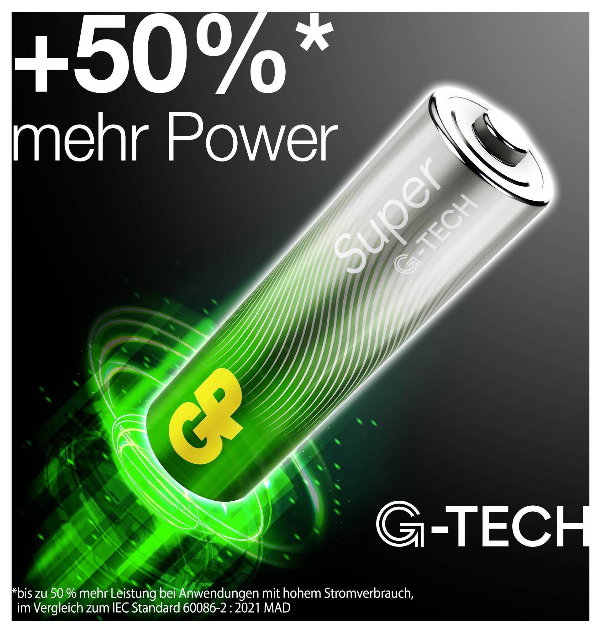G-TECH batterijadvertentie met een gloeiendo groen AA-batterij met het label 'Super' en de tekst '+50% meer kracht' en 'G-TECH'.