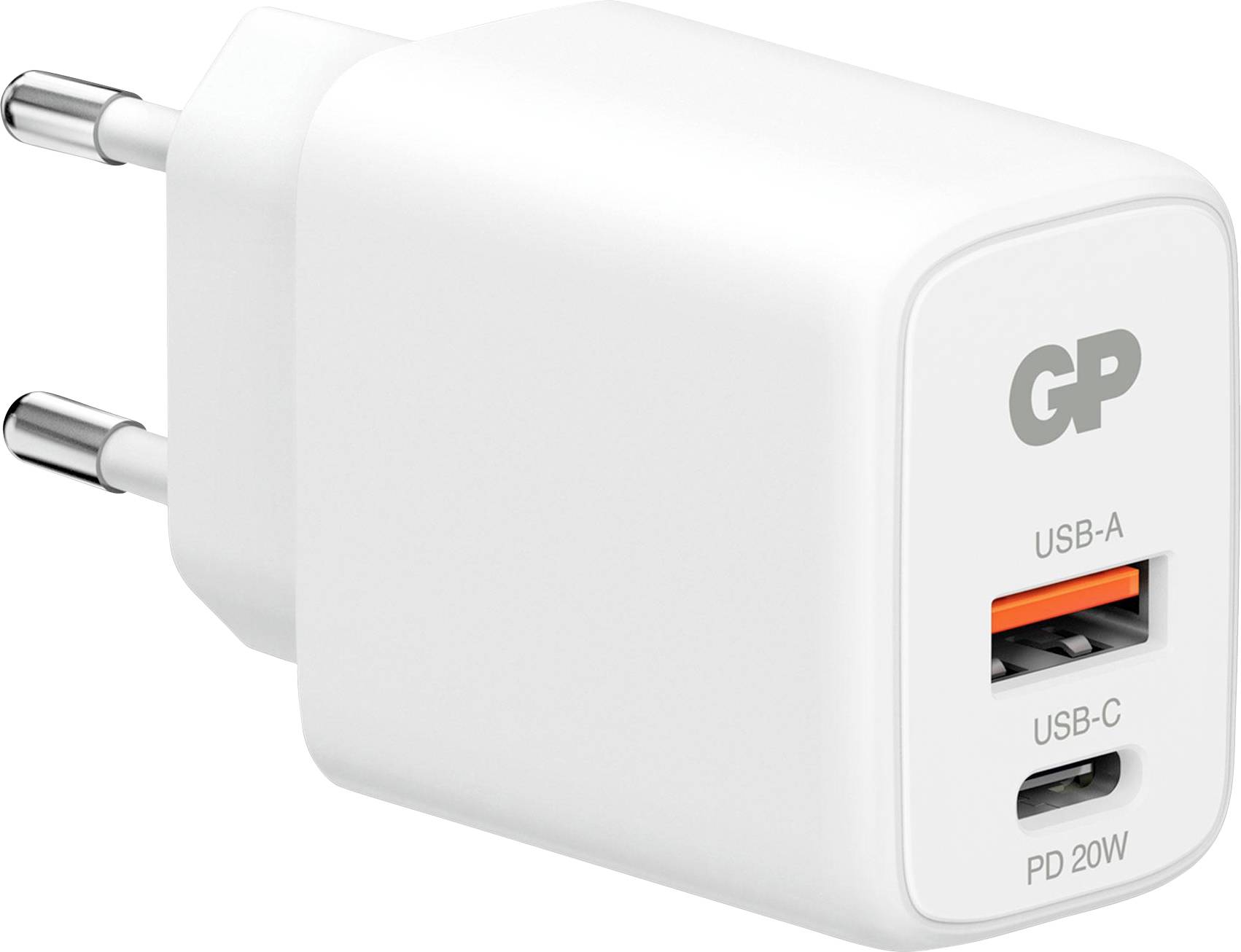 Witte GP wandlader met twee EU-stekkers, één USB-A-poort en één USB-C-poort gelabeld PD 20W.