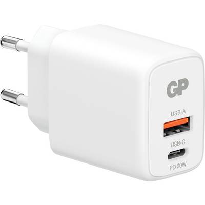 Witte GP wandlader met twee EU-stekkers, één USB-A-poort en één USB-C-poort gelabeld PD 20W.