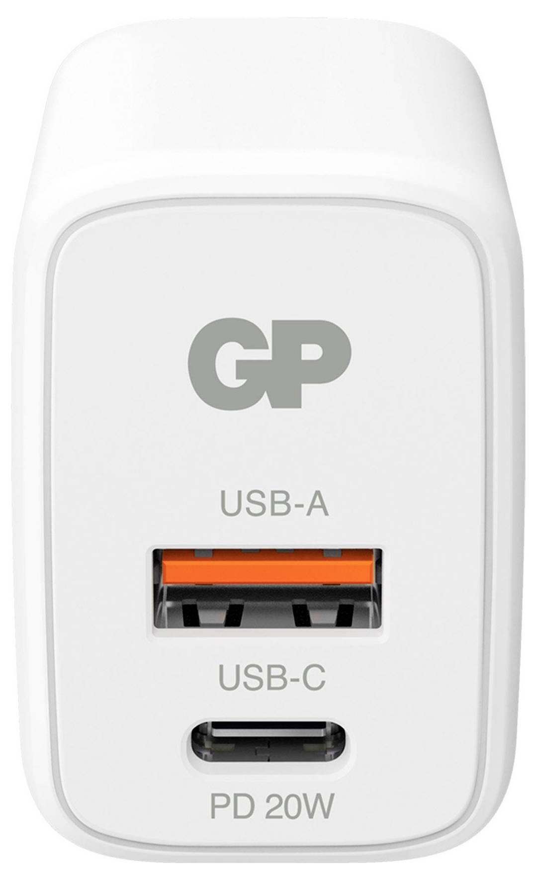 Witte GP-wandlader met USB-A en USB-C poorten, gelabeld 'PD 20W'.