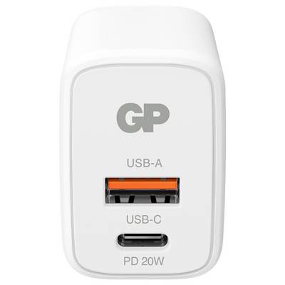 Witte GP-wandlader met USB-A en USB-C poorten, gelabeld 'PD 20W'.