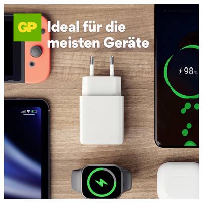 Advertentie met een witte twee-pins stroomadapter op een houten oppervlak met telefoons en een smartwatch; de Duitse tekst luidt 'Ideaal voor de meeste apparaten'.
