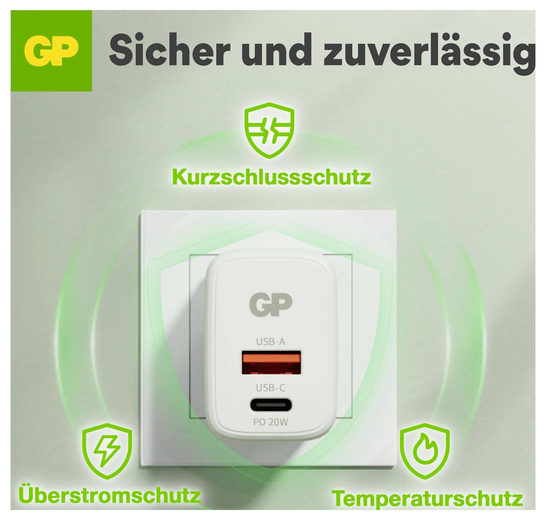 GP USB-wandlader met veiligheidsfuncties: kortsluitbeveiliging, overcurrentbeveiliging en temperatuurbeveiliging, met tekst 'Veilig en betrouwbaar'.