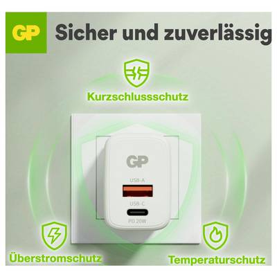GP USB-wandlader met veiligheidsfuncties: kortsluitbeveiliging, overcurrentbeveiliging en temperatuurbeveiliging, met tekst 'Veilig en betrouwbaar'.