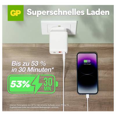 GP-advertentie met een oplader in een stopcontact die een telefoon op een bureau oplaadt, met de tekst 'Snel laden' en 'Tot 53% in 30 minuten'.