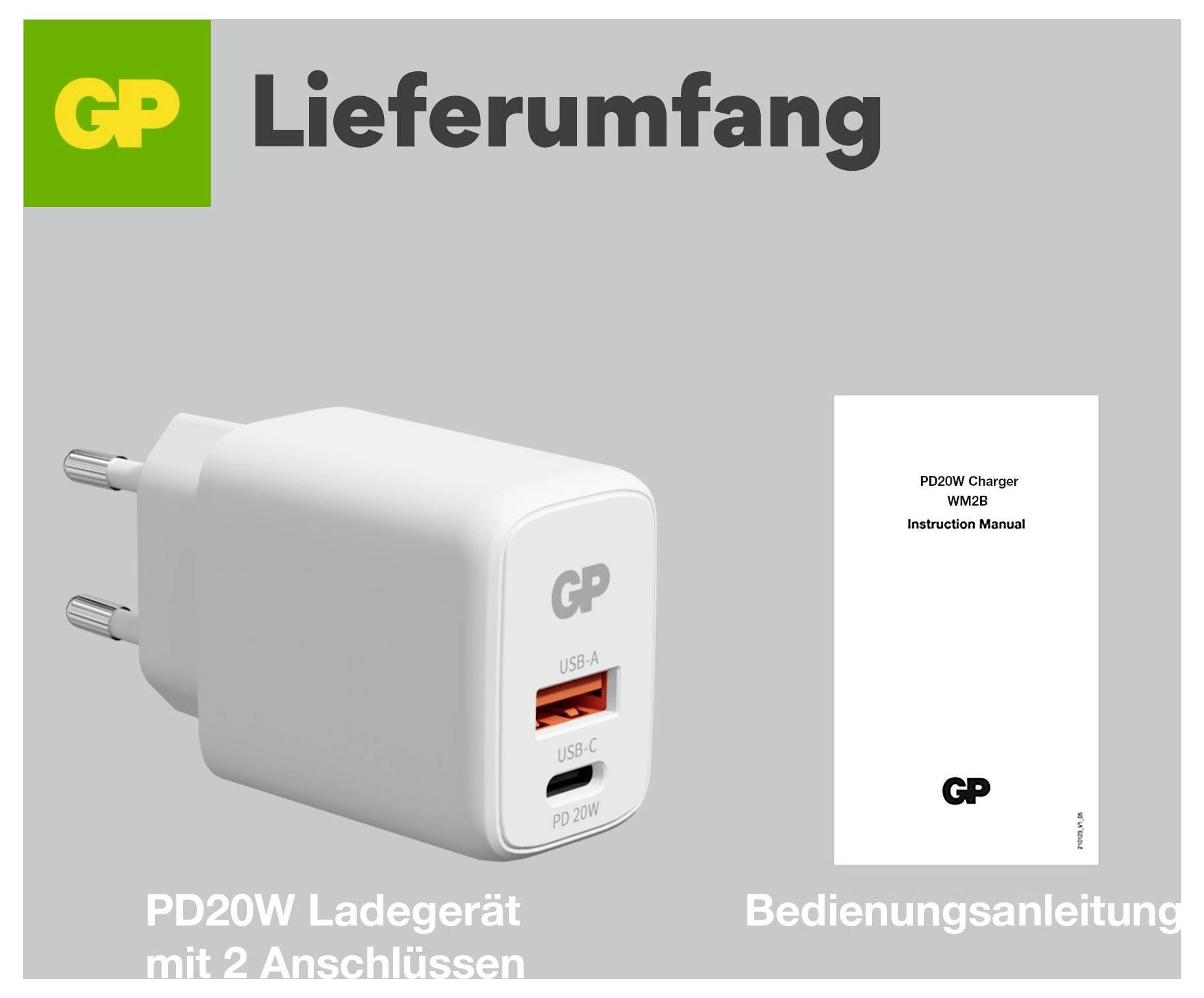 Productinhoud grafiek met een GP PD20W-lader met 2 poorten en een gebruikershandleiding, gelabeld als 'Leveringsomvang'.