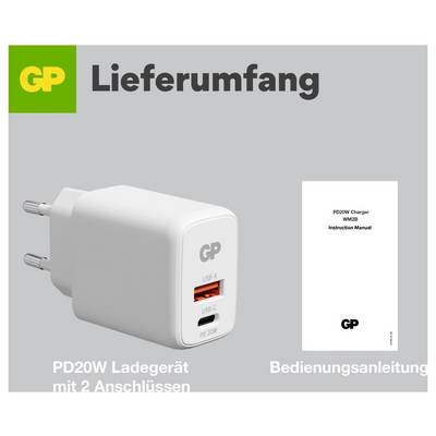 Productinhoud grafiek met een GP PD20W-lader met 2 poorten en een gebruikershandleiding, gelabeld als 'Leveringsomvang'.