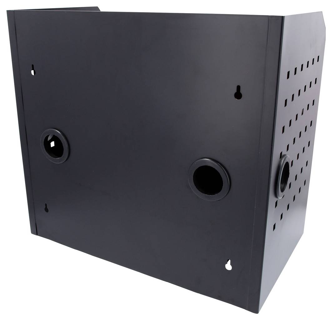 Zwarte rechthoekige metalen behuizingsdoos met meerdere ronde kabelpoorten, ventilatieopeningen en aan de zijkant gemonteerde sleutelgatsleuven voor wandmontage.