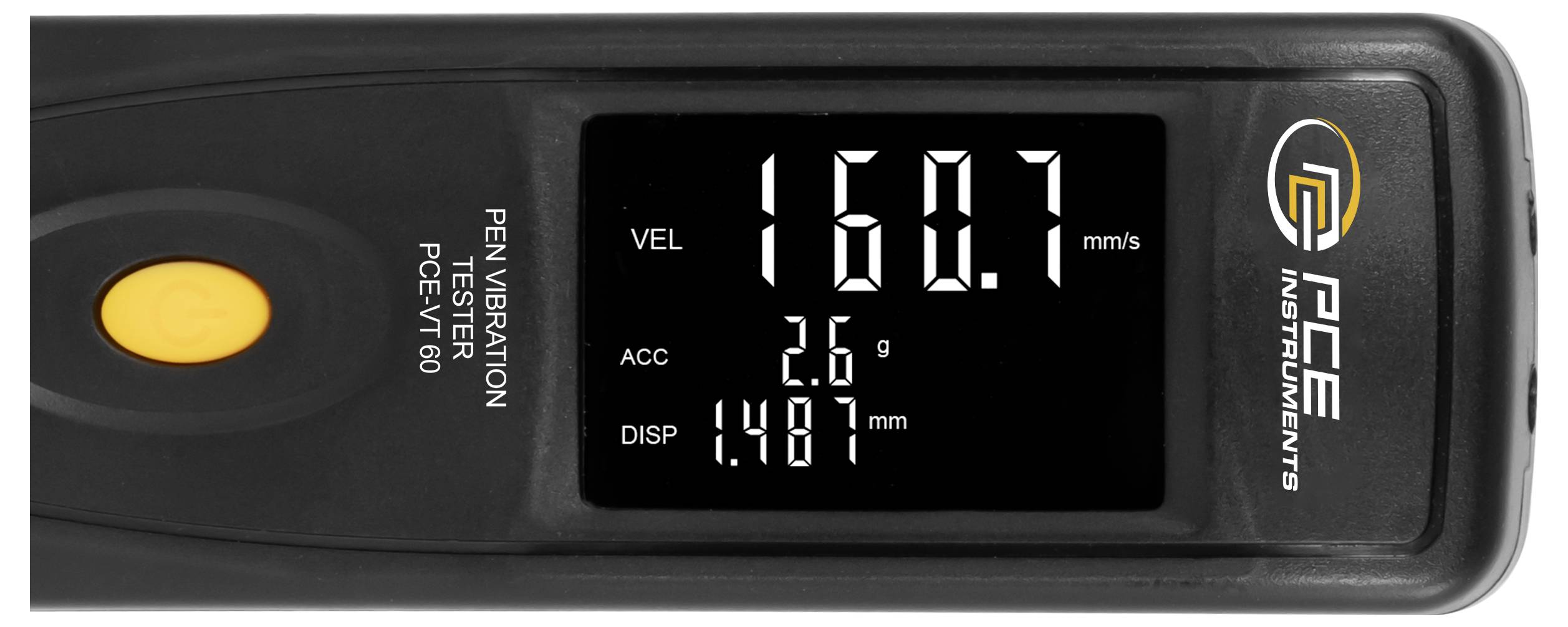 Handheld trillingmeter-display met '160,7 mm/s' snelheid, '2,6 g' versnelling en '1,487 mm' verplaatsing, met een oranje knop aan de linkerkant.