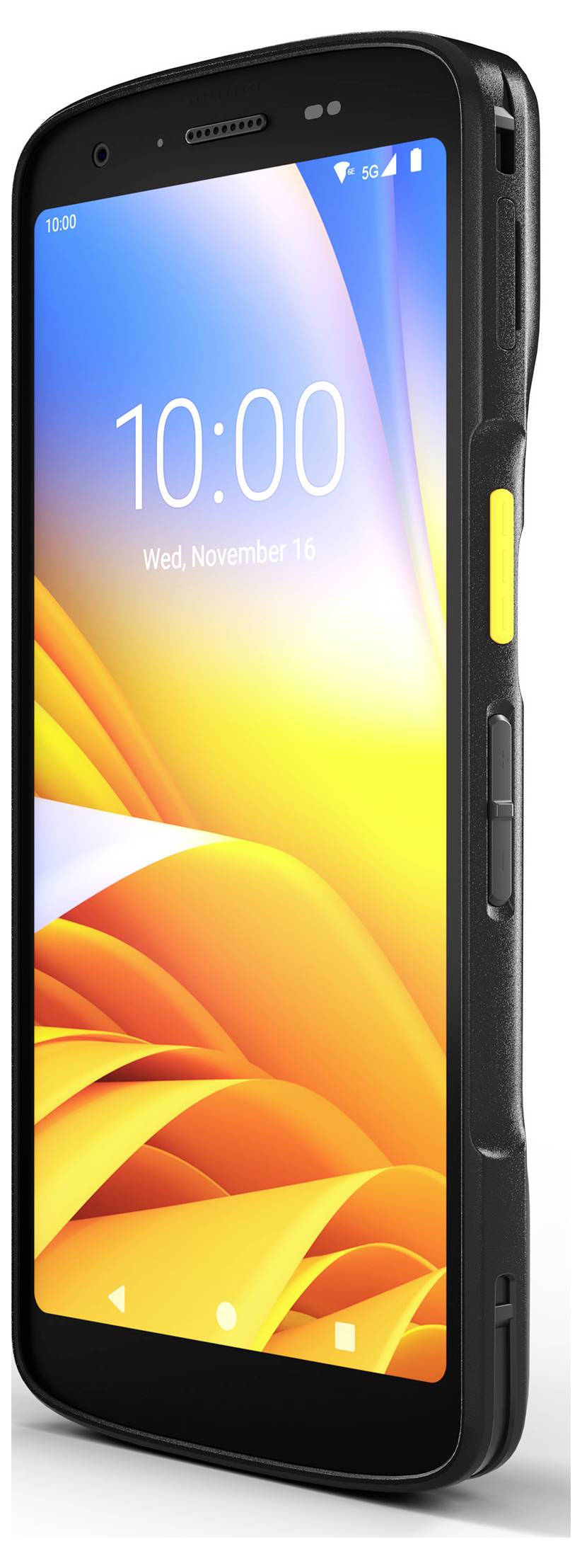 Zwarte robuuste smartphone weergegeven onder een hoek met een kleurrijk abstract startscherm met 10:00 en wo., 16 november.