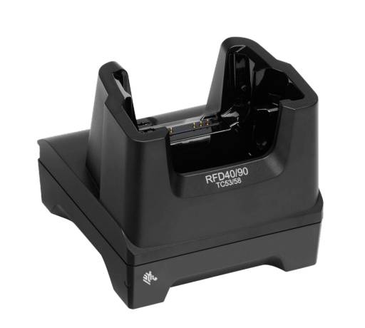 Zwart oplaaddock/wiegje voor een handheld apparaat, gelabeld 'RFD40/90 TC53/58', weergegeven op een witte achtergrond.