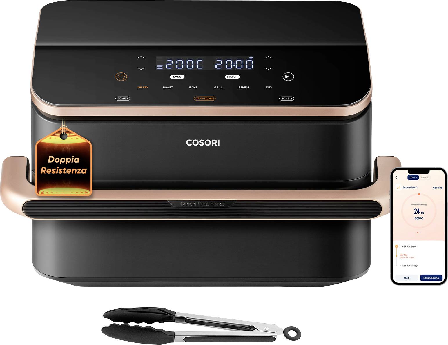 COSORI airfryer met dubbele weerstand, weergegeven met een smartphoneapp-display en inbegrepen tang.
