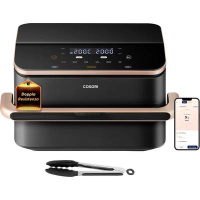 COSORI airfryer met dubbele weerstand, weergegeven met een smartphoneapp-display en inbegrepen tang.