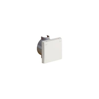 Wit vierkant aan de muur gemonteerd ventilatierooster met een grijze cilindrische kanaalaansluiting eraan bevestigd.