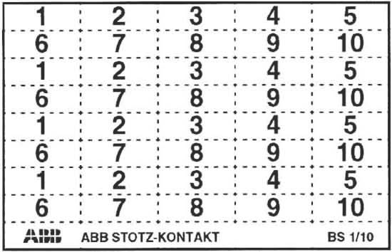 Label met een nummeringsgrid van 10 kolommen met herhaalde rijen 1–10; onderaan staat 'ABB STOTZ-KONTAKT' en 'BS 1/10'.