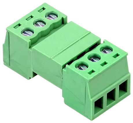 Groene 3-polige terminal blok connector adapter met schroefklemmen aan beide zijden, afgebeeld op een witte achtergrond.