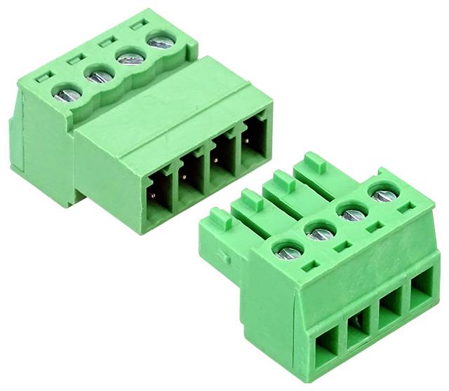 Twee groene 4-pins schroefklemmen getoond op een witte achtergrond.