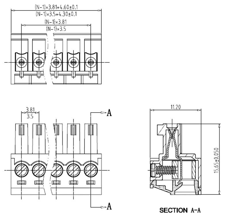 Technische engineeringtekening van een multi-terminal elektrische connector, met voor- en dwarsdoorsnede A-A weergaven met afmetingen en herhaalde 3,81 mm tussenruimte.
