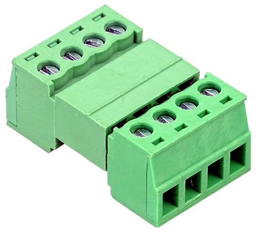 Groene 4-polige schroefdraadklemmen-blokconnector met twee bijpassende helften, afgebeeld op een witte achtergrond.