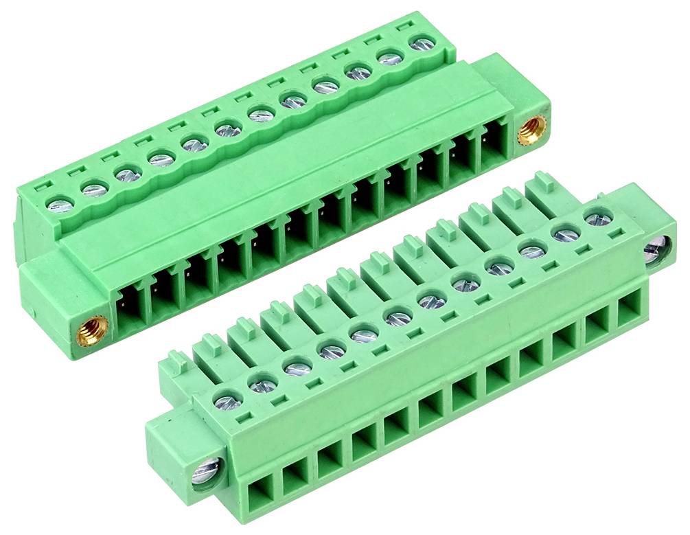 Twee groene schroefklemmenblokken weergegeven op een witte achtergrond, elk met meerdere draadensleuven voor elektrische verbindingen.