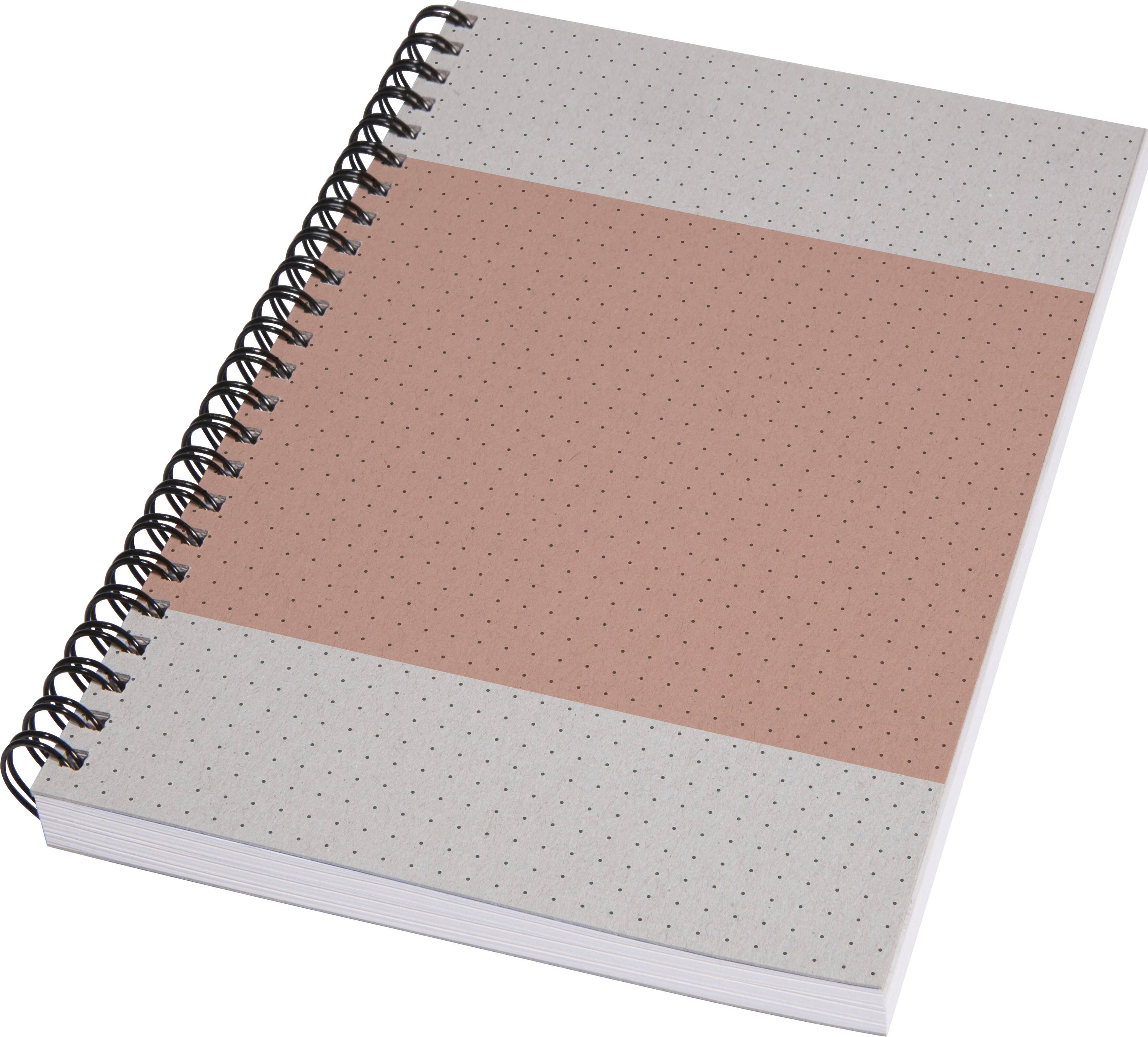 Spiraalgebonden notitieboek met een grijs en roze gestippelde kaft op een witte achtergrond.