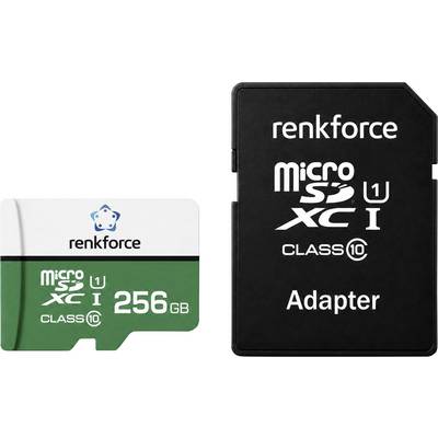 Renkforce 256GB microSD-kaart en zwarte adapter naast elkaar, waarbij de kaartcapaciteit en bijgeleverde adapter zichtbaar zijn.