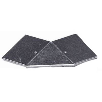 Zwarte metalen hoekige aansluitingsplaten gerangschikt in een ondiepe V-vorm op een witte achtergrond.