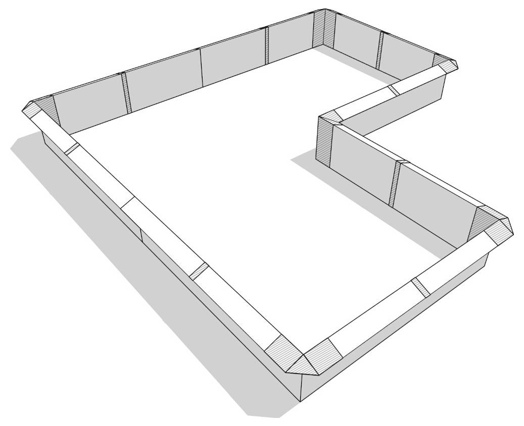 Isometrisch diagram van een rechthoekige vouwbare bakschaal met verhoogde zijpanelen en een open centrum, weergegeven in samengevoegde stap-vormige opstellling.