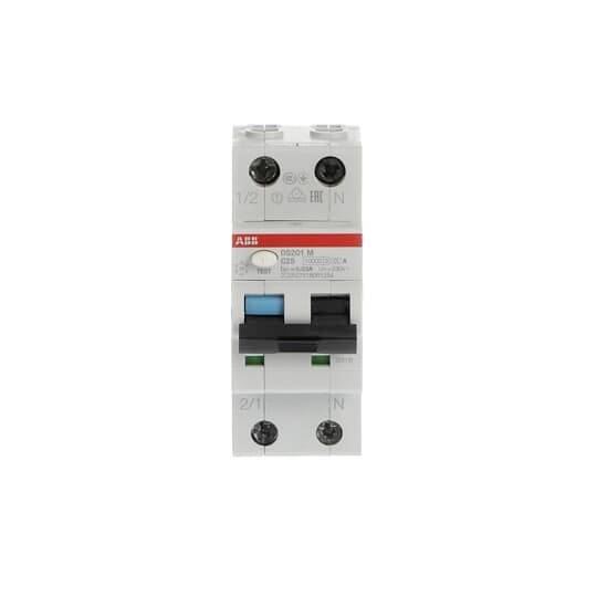 Witte ABB-elektrische schakelbordmodule met zwarte en blauwe schakelaars op een effen achtergrond.