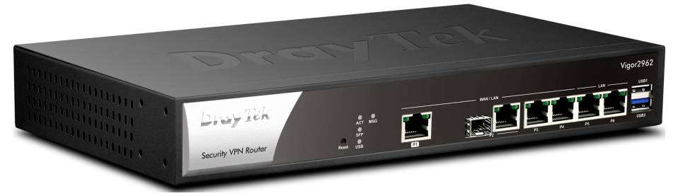 DrayTek Vigor2962 beveiligde VPN-router weergegeven in een productfoto, met meerdere Ethernet-poorten op het frontpaneel.