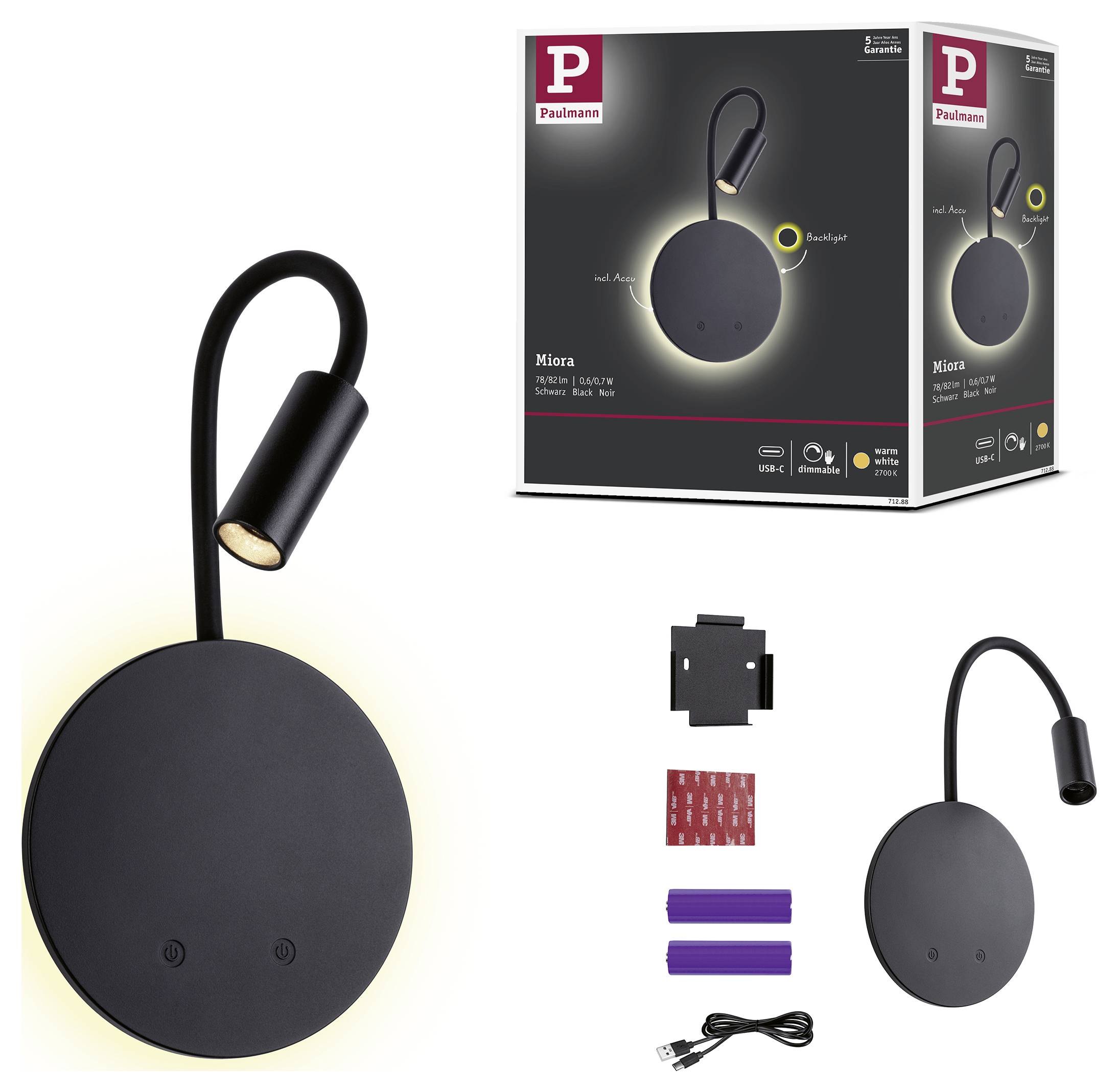 Productafbeelding van een zwarte Paulmann Miora wandlamp met gebogen ganzehals, warm LED-gloed, monteringsdelen, USB-kabel en verpakking getoond.