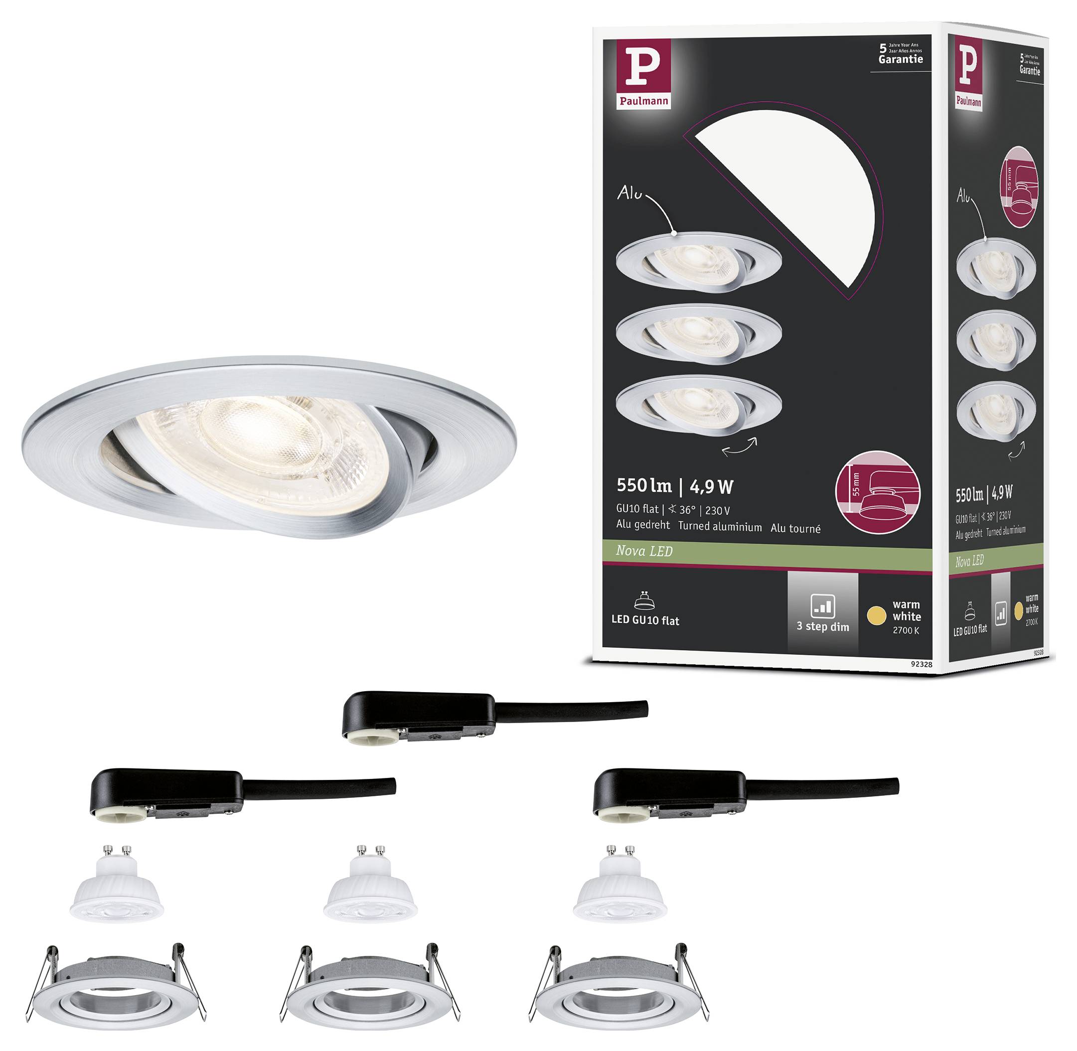 Productafbeelding van een Paulmann LED-inbouwspot, met daarin de lichtfitting, verpakking en installatievoorbeelden op verschillende plafondtypen.
