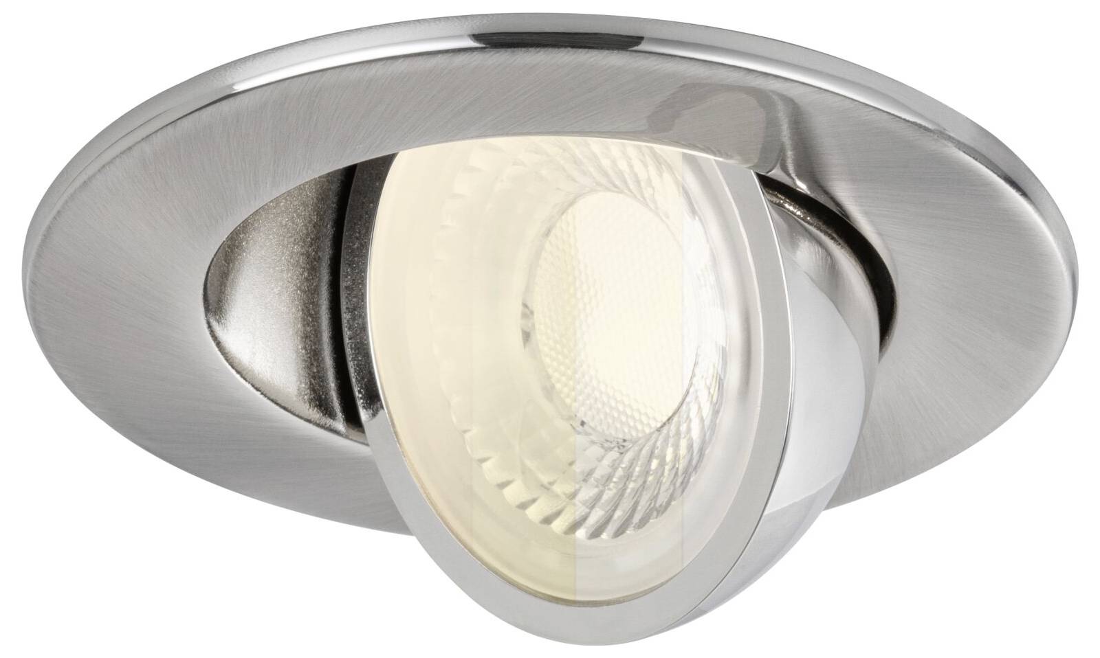 Ronde inbouwspotje in geborsteld nikkel voor plafond met een verstelbare zichtbare lamp in het midden.