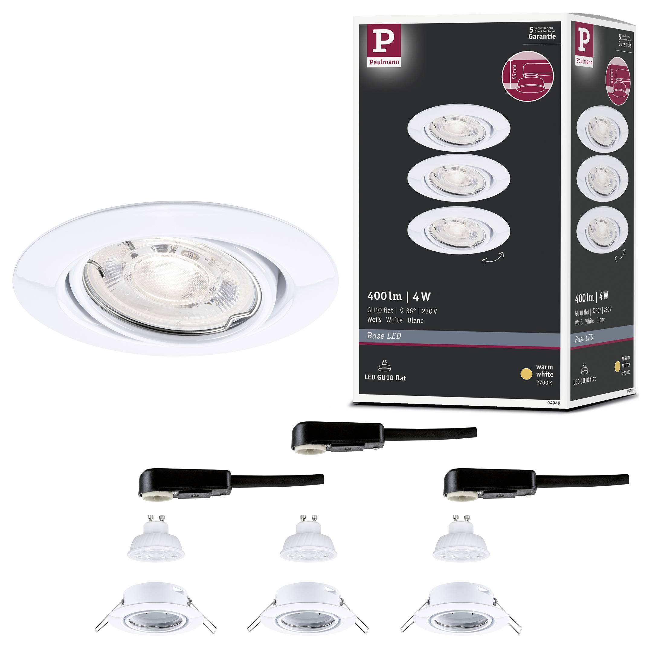 Productafbeelding van een witte inbouw-LED-downlight en de verpakking ervan, met de lamp in gebruik en installatiecomponenten.