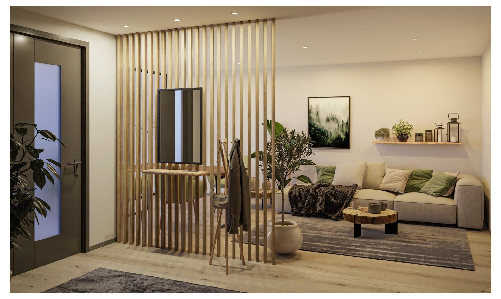 Moderne huisingang en woonkamer met houten latten scheidingswand, spiegel, kapstok, bank, salontafel, tapijt, planten en muurschildering.
